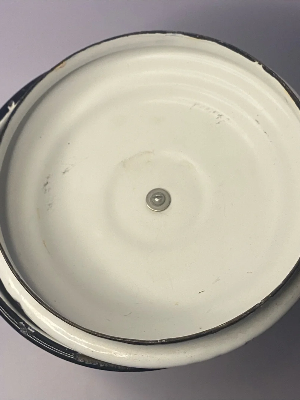Vintage White Enamel Saucepan with Black Handle and Orange Knob